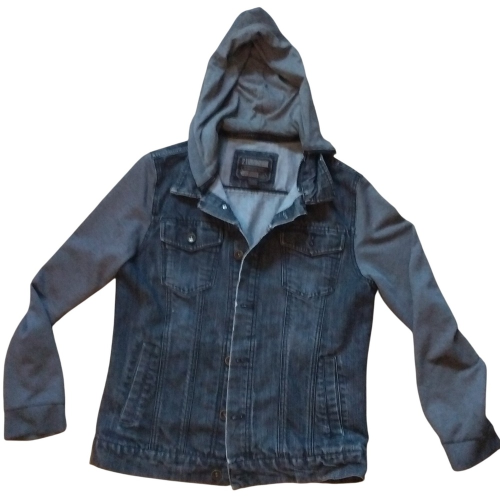 21MEN Denim Jacket with Jersey Knit Hooded Sleeves - Men's Casual Stylish